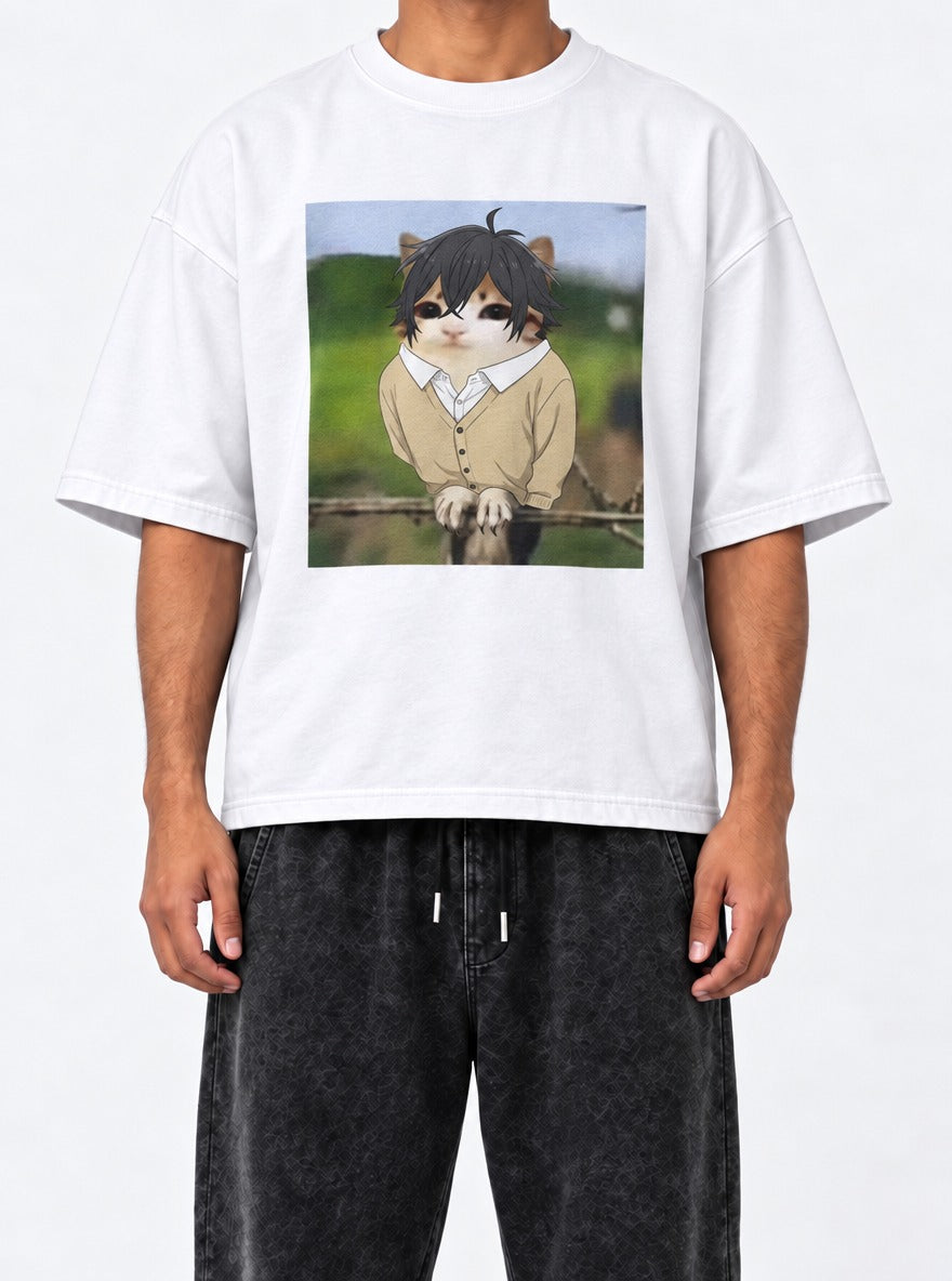 HoriMeowls Miyamura – White Tee – model shot | Meme Tees