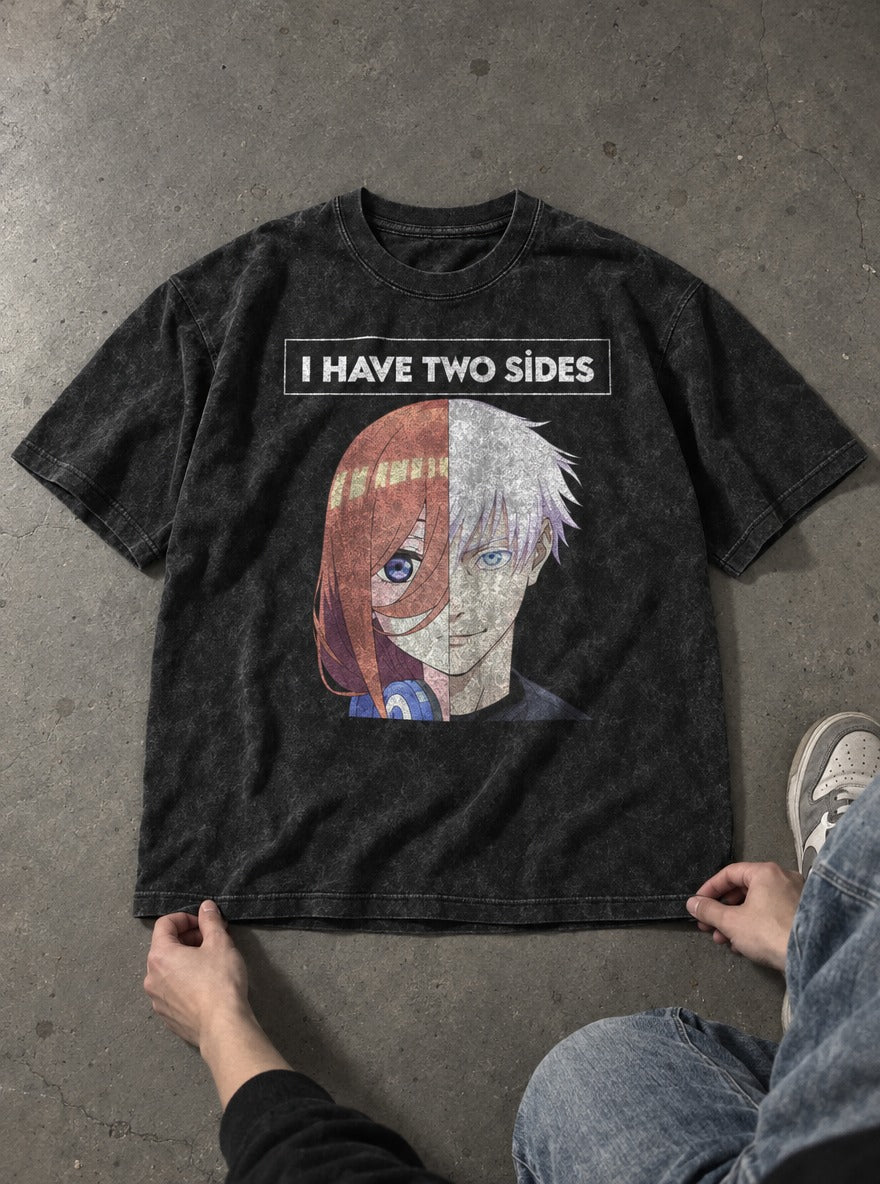 I Have 2 Sides – Black Acid Wash Tee – flat-lay | Meme Tees