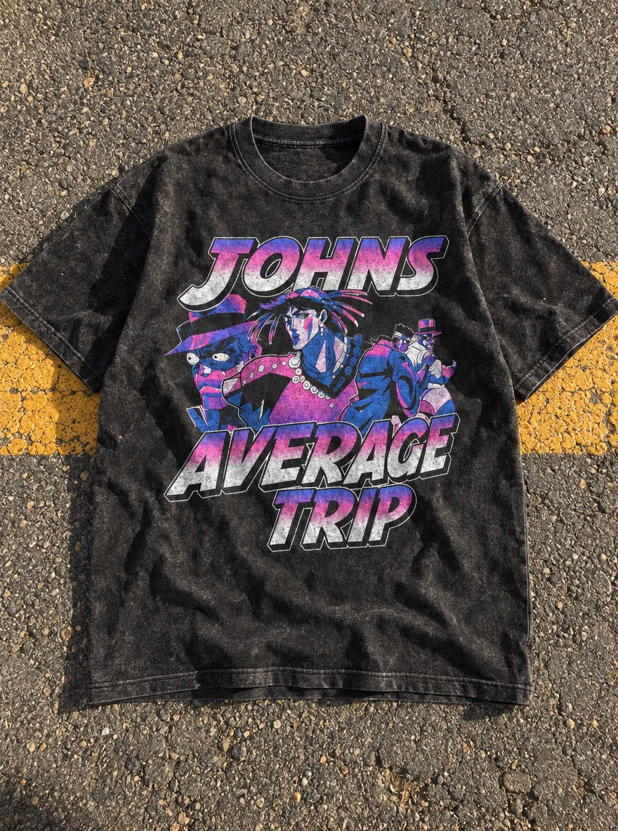 John's Average Trip – Black Acid Wash Tee – flat-lay | Meme Tees