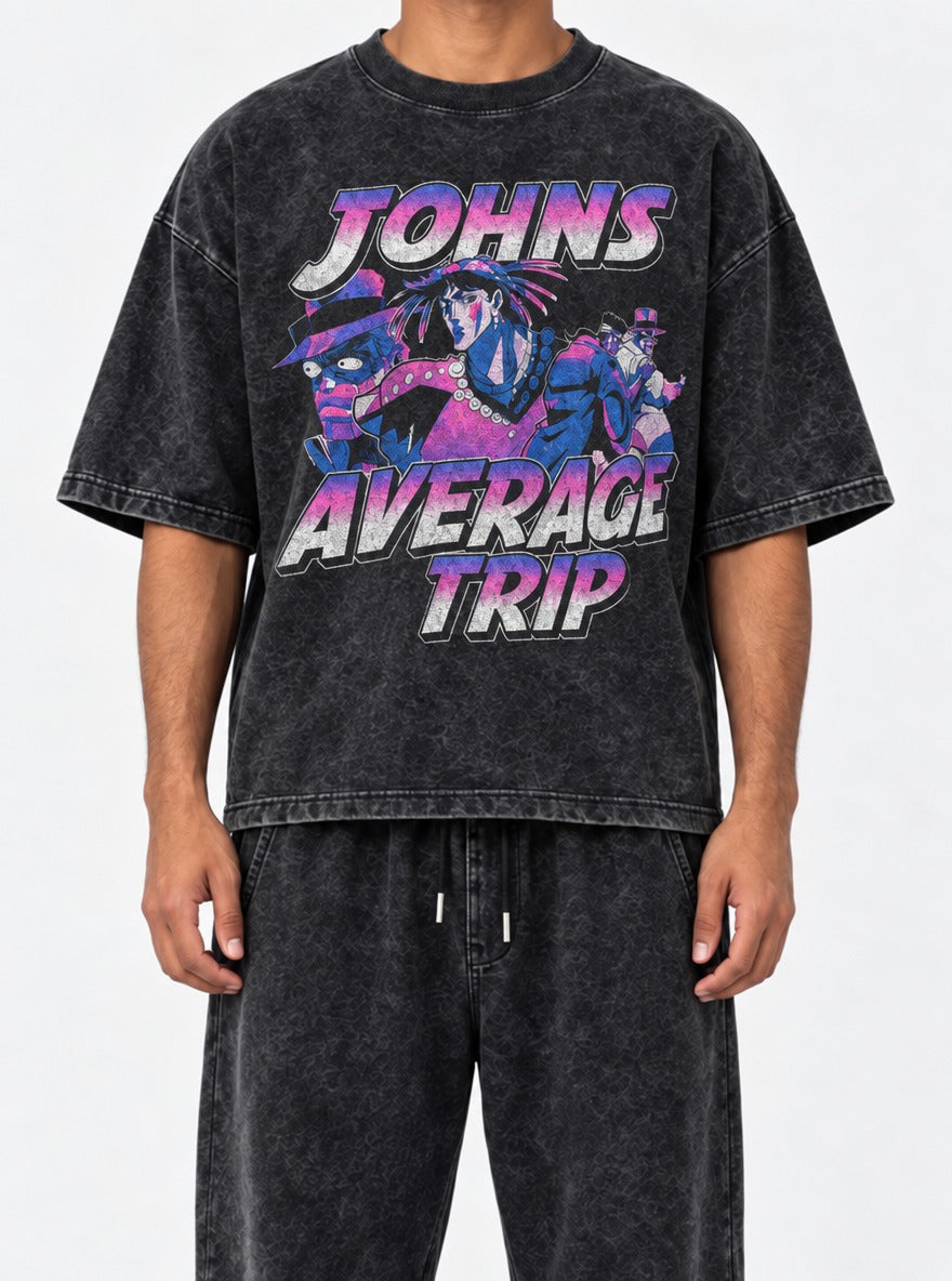 John's Average Trip – Black Acid Wash Tee – model shot | Meme Tees