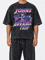John's Average Trip – Black Acid Wash Tee – model shot | Meme Tees