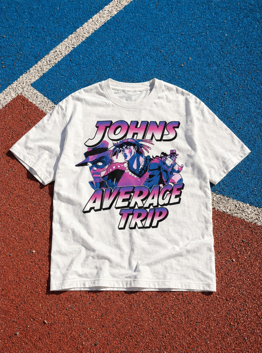John's Average Trip – White Tee – flat-lay | Meme Tees