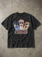 Jujutsu Kaisen Powerpuff – Black Acid Wash Tee – flat-lay | Meme Tees