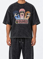 Jujutsu Kaisen Powerpuff – Black Acid Wash Tee – model shot | Meme Tees