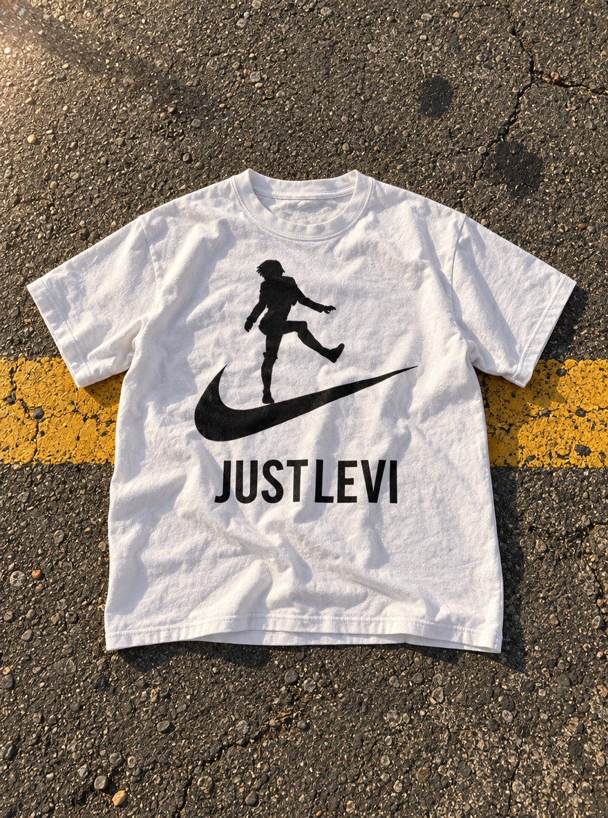 Just Levi – White Tee – flat-lay | Meme Tees