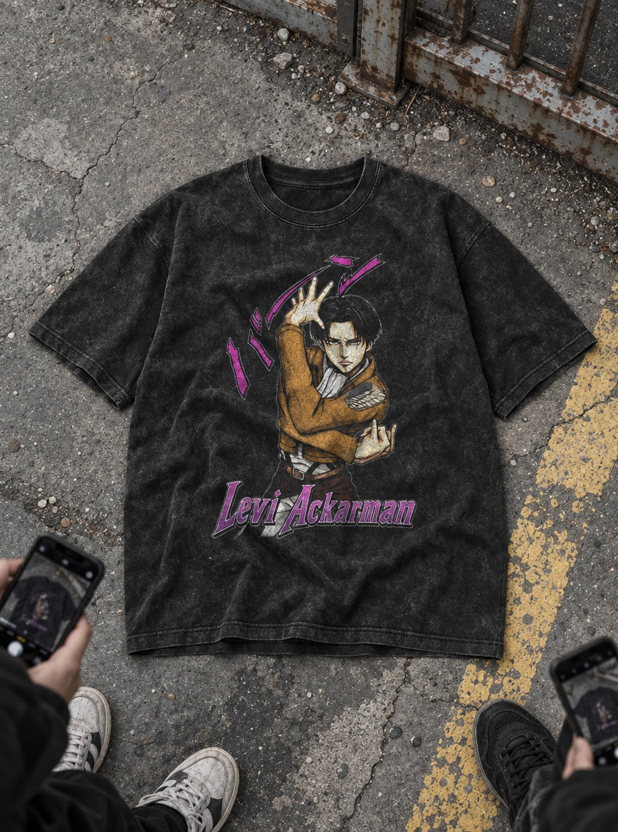 Levi Ackerman – Black Acid Wash Tee – flat-lay | Meme Tees