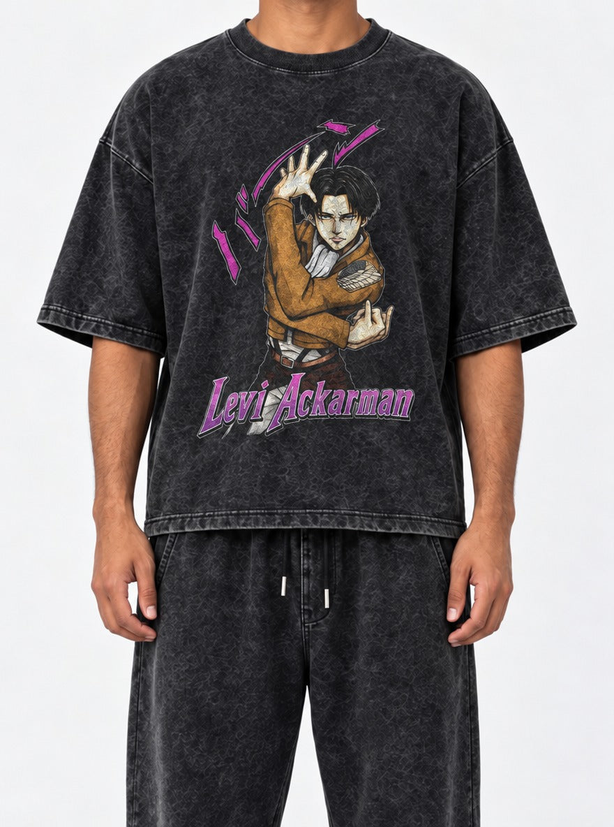Levi Ackerman – Black Acid Wash Tee – model shot | Meme Tees