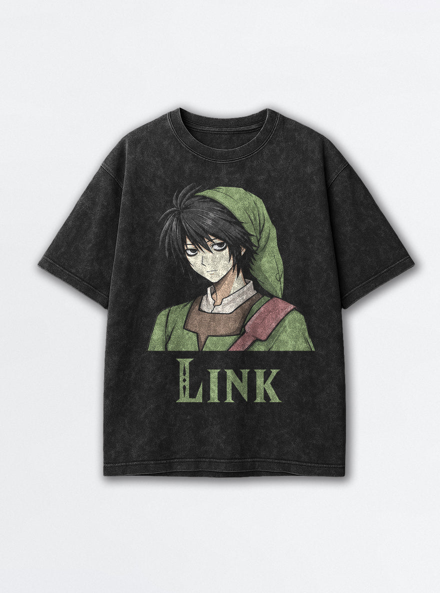 Link Lawliet – Black Acid Wash Tee – mockup | Meme Tees