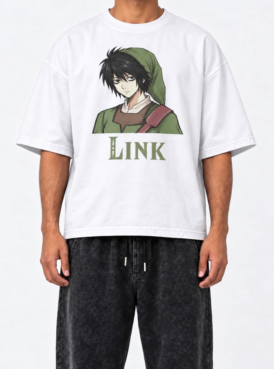 Link Lawliet – White Tee – model shot | Meme Tees