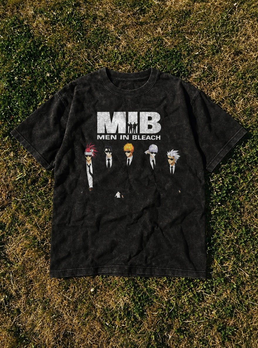 Men in Bleach – Black Acid Wash Tee – flat-lay | Meme Tees