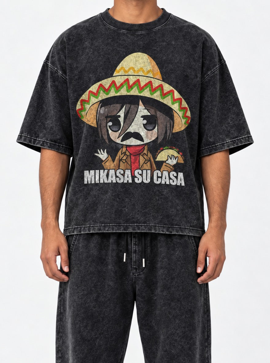 Mikasa Su Casa – Black Acid Wash Tee – model shot | Meme Tees