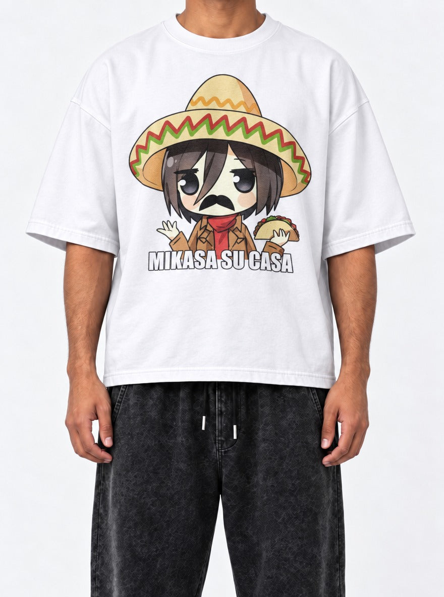 Mikasa Su Casa – White Tee – model shot | Meme Tees