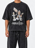 Monastery – Black Acid Wash Tee – model shot | Meme Tees