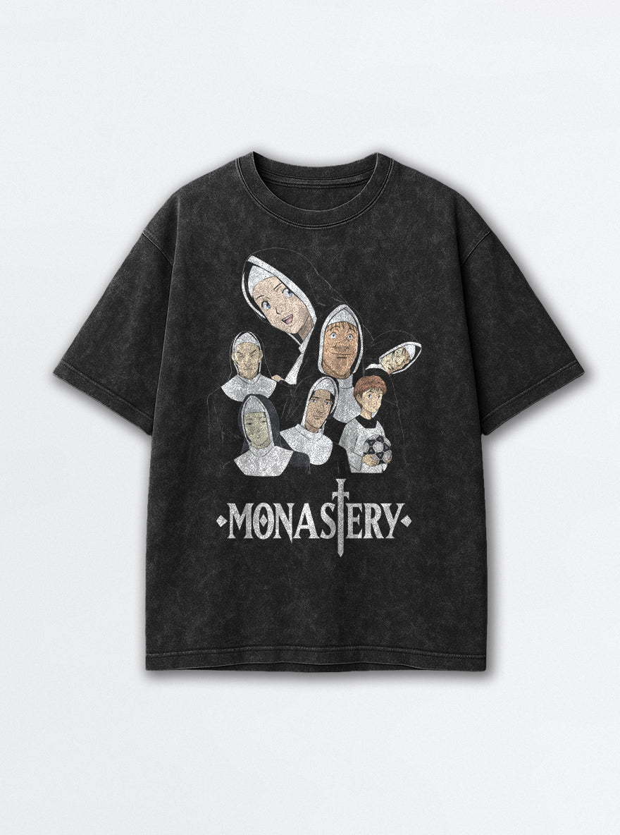 Monastery – Black Acid Wash Tee – mockup | Meme Tees