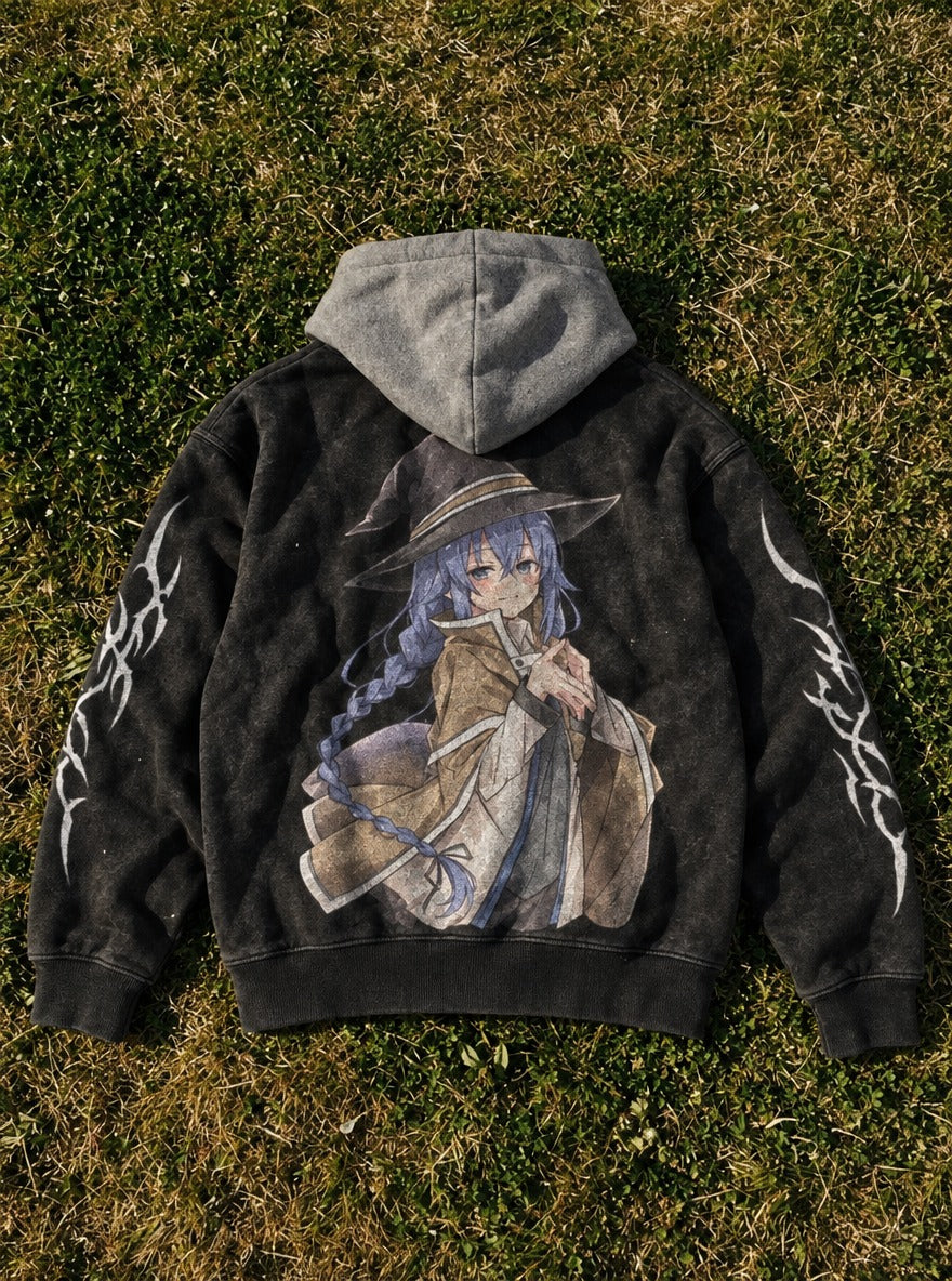 Witch's Grin – Black & Grey Hoodie – flat-lay | Mushoku Tensei