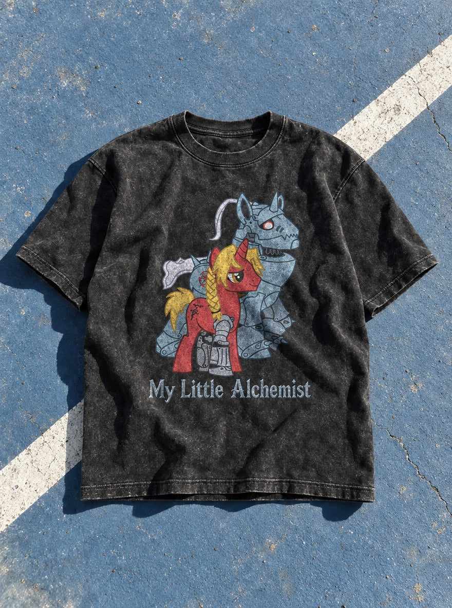 My Little Alchemist – Black Acid Wash Tee – flat-lay | Meme Tees