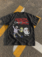 Ninja Time – Black Acid Wash Tee – flat-lay | Meme Tees