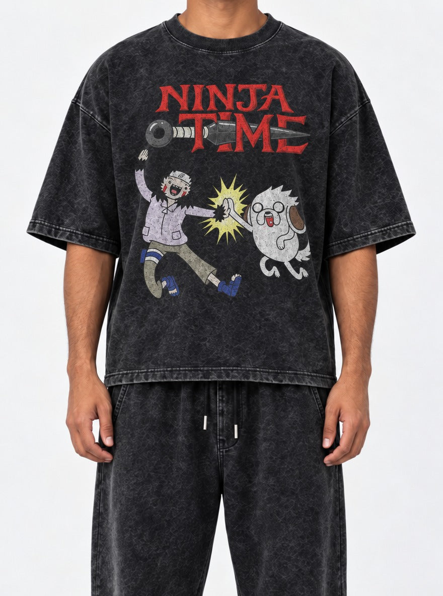 Ninja Time – Black Acid Wash Tee – model shot | Meme Tees