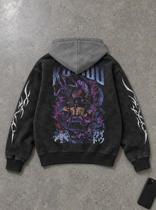 Beast King Kaido – Black & Grey Hoodie – flat-lay | One Piece