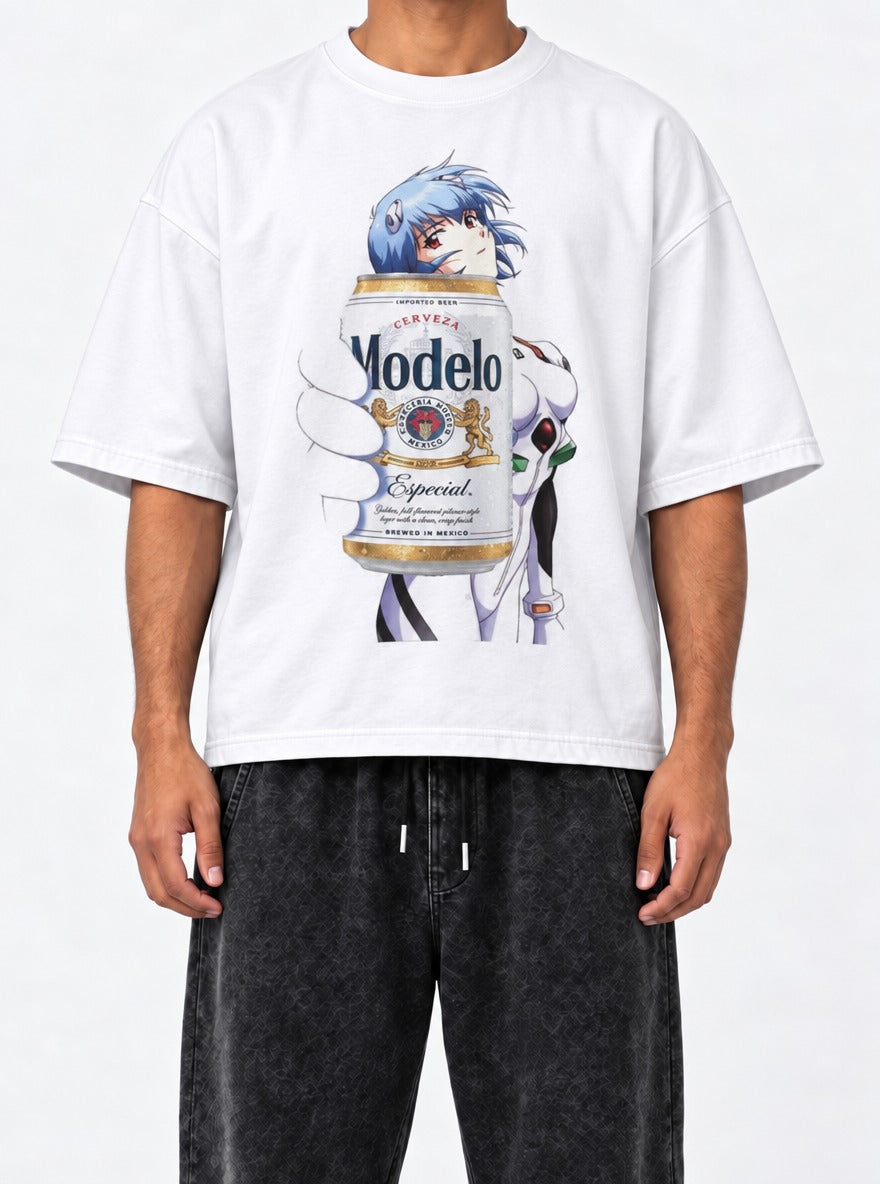 Rei Ayanami Modelo Eva – White Tee – model shot | Meme Tees