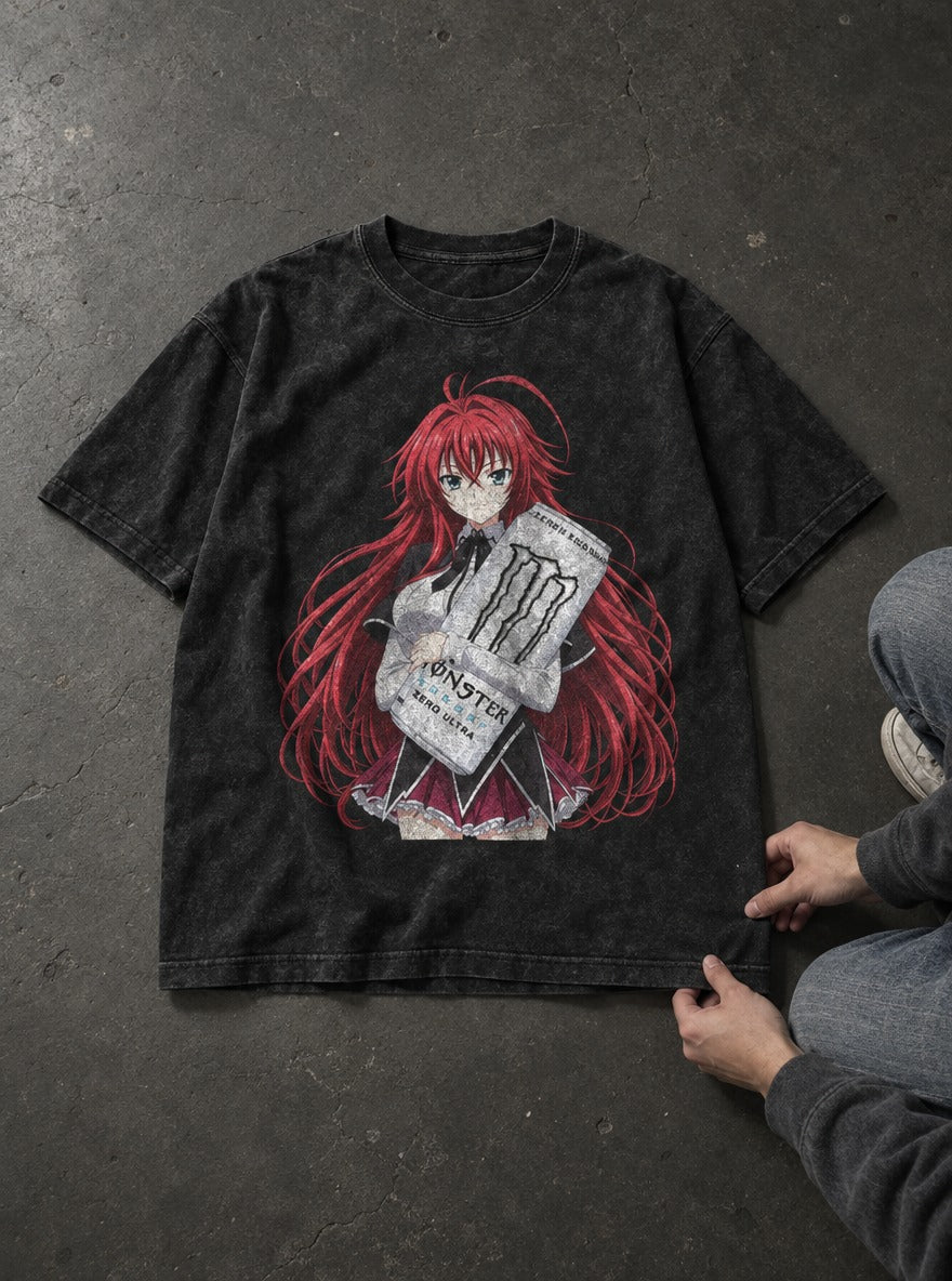 Rias Gremory – Black Acid Wash Tee – flat-lay | Meme Tees