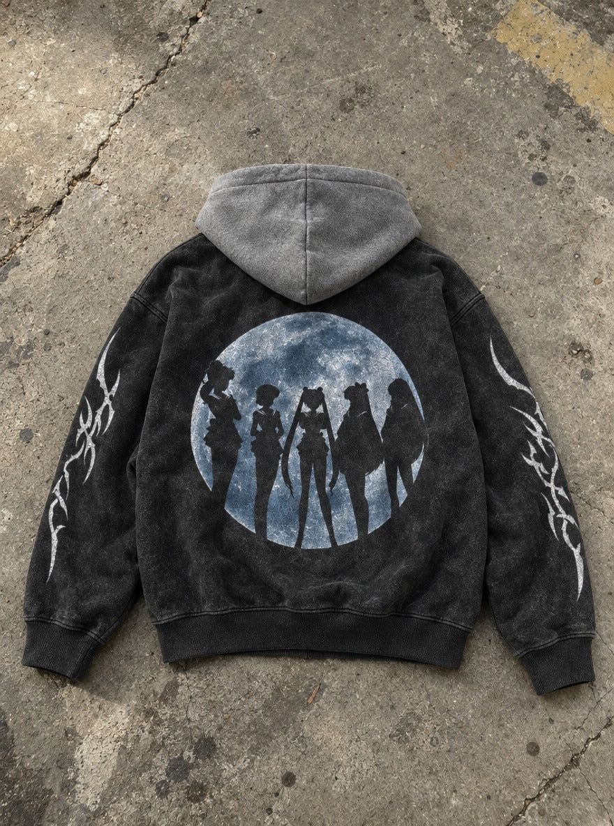 Moonlit Five – Black & Grey Hoodie – flat-lay | Sailor Moon