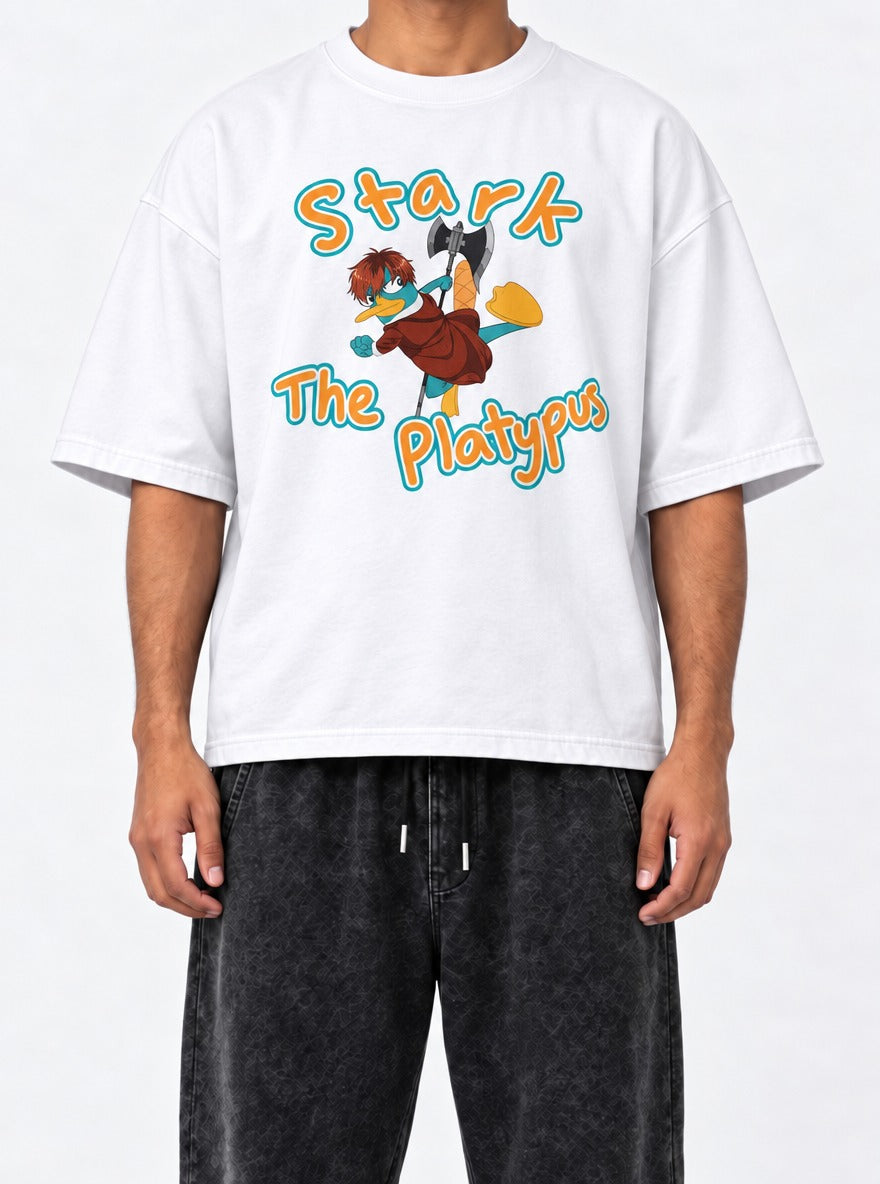 Stark the Platypus – White Tee – model shot | Meme Tees