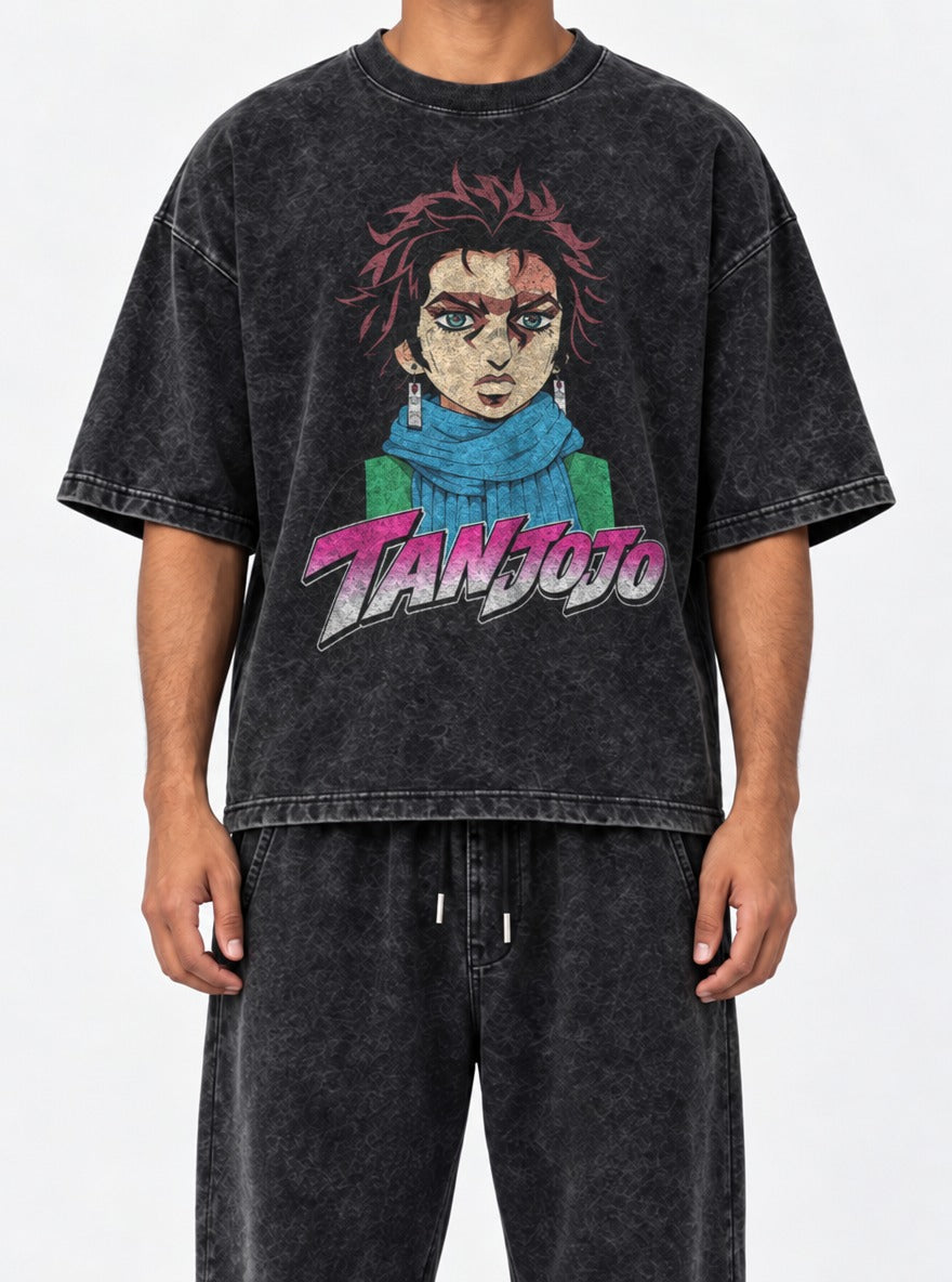 TanJoJo – Black Acid Wash Tee – model shot | Meme Tees