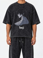 Toeji – Black Acid Wash Tee – model shot | Meme Tees