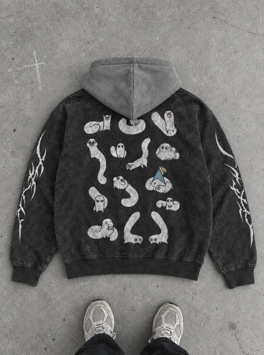 Ghostly Parade – Black & Grey Hoodie – flat-lay | Witch Hat Atelier
