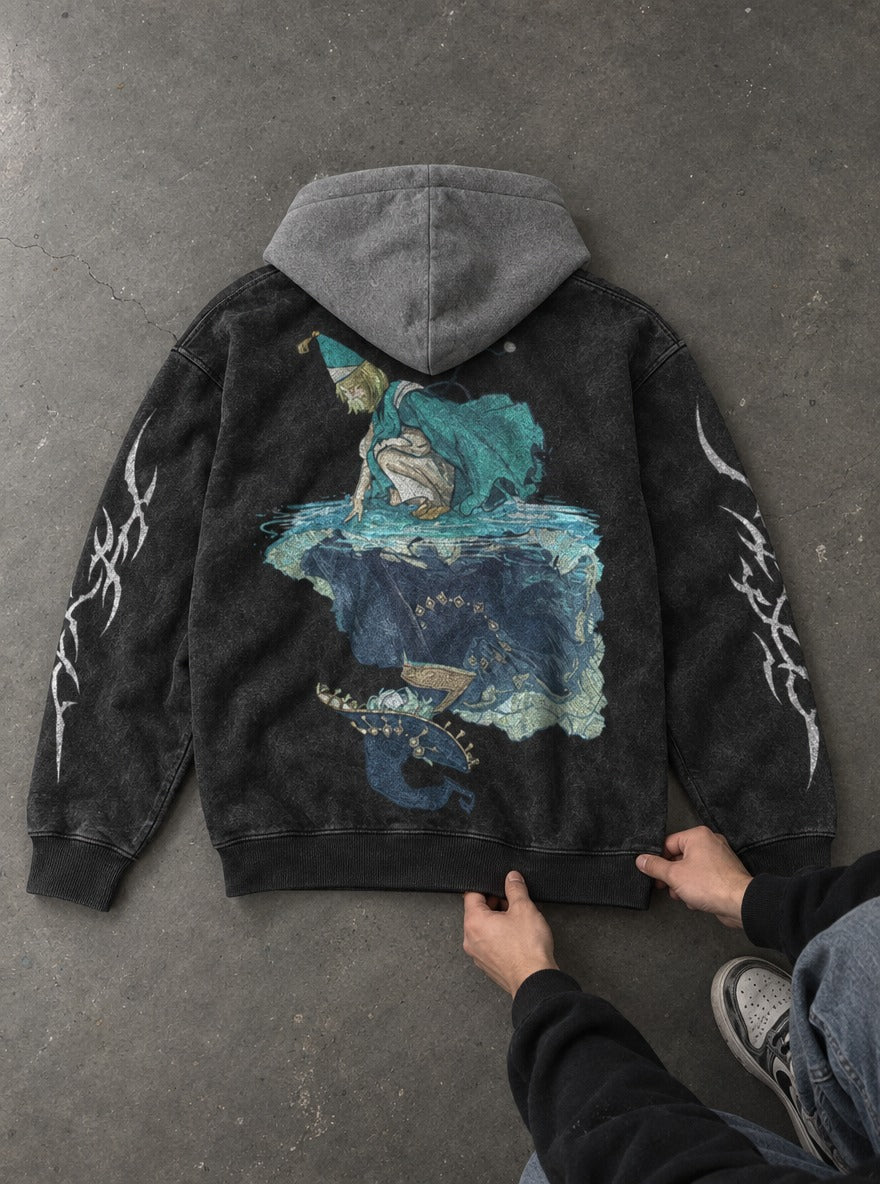Reflected Witch – Black & Grey Hoodie – flat-lay | Witch Hat Atelier