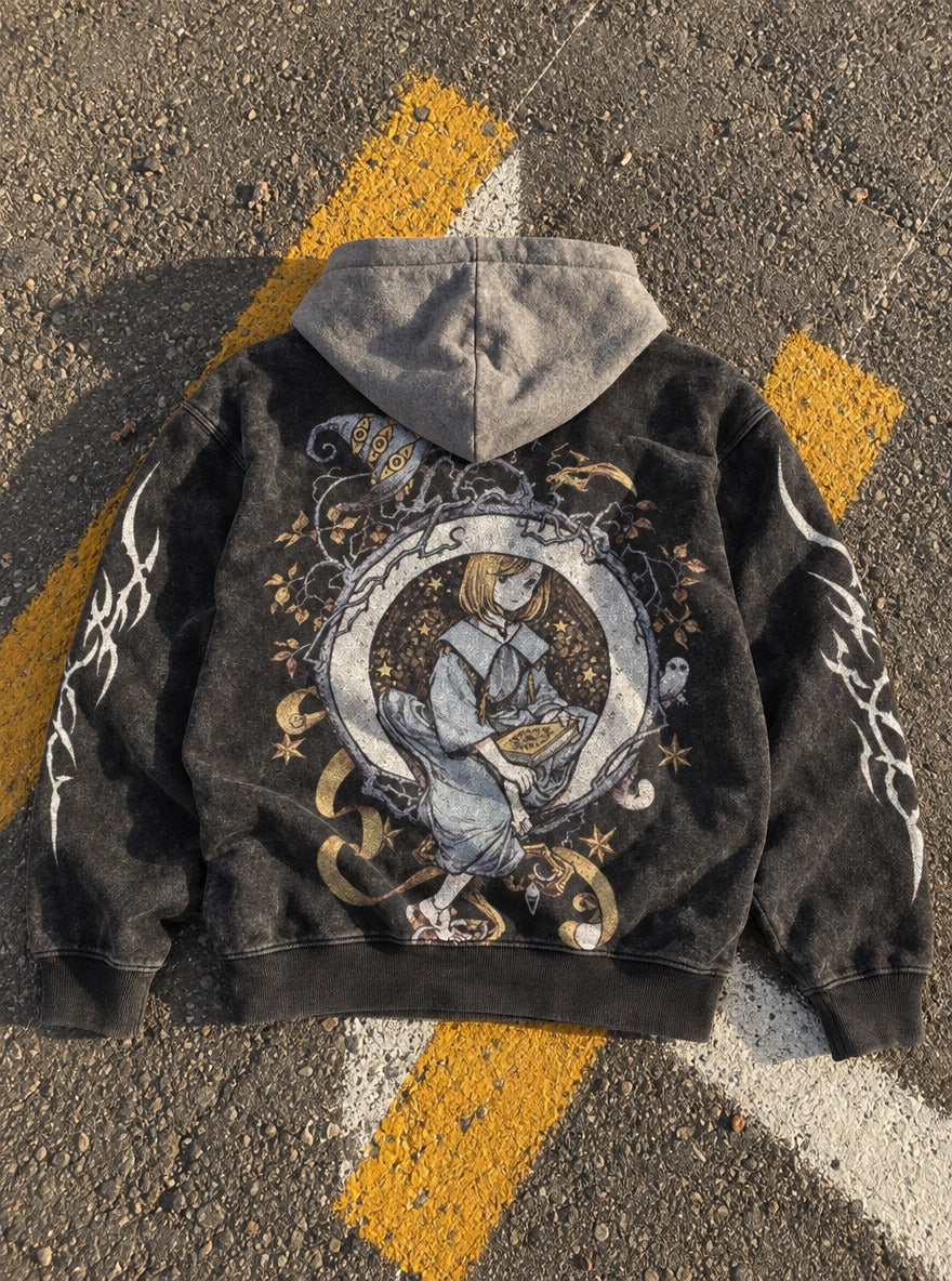Wreathbound Witch – Black & Grey Hoodie – flat-lay | Witch Hat Atelier