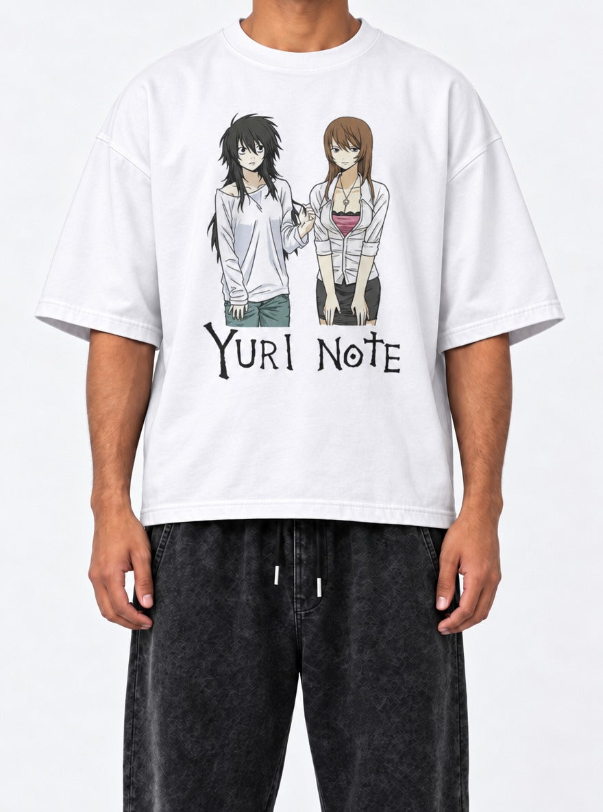 Yuri Note – White Tee – model shot | Meme Tees